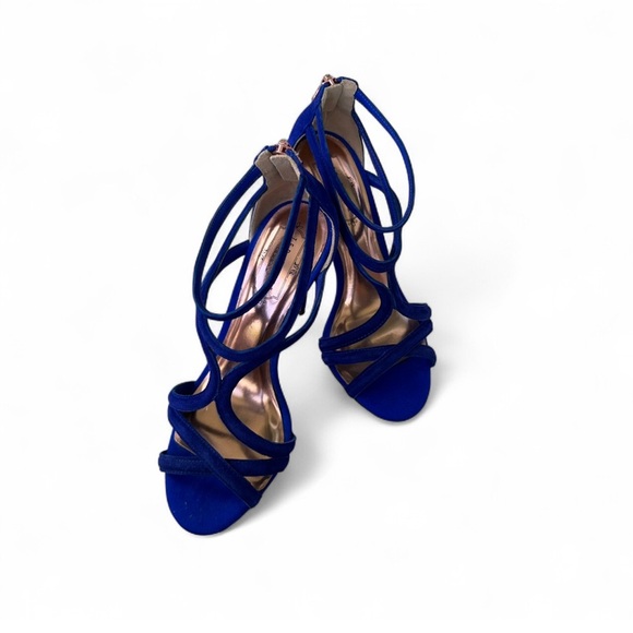 Ted Baker Royal Blue Strappy Heels Fold Bottoms Closed Heel With Zipper 37.5/7.5 - Picture 2 of 8